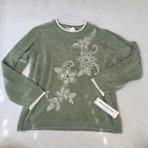 Alfred Dunner Sage Green Crewneck Sweater with Cream Floral Embroidery